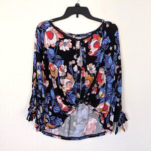 FREE PEOPLE Top Women's S Keepin‎ On Floral Multicolor Boho Tie Sleeve Blouse